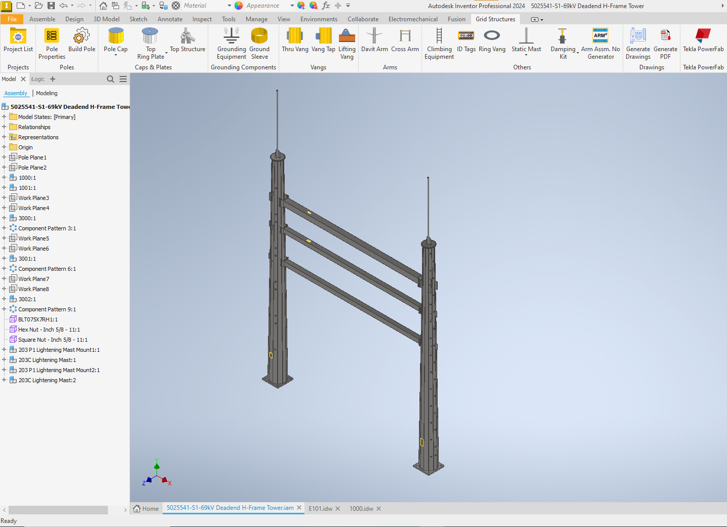 Complete 3D H-Frame transmission tower model generated automatically in Autodesk Inventor with custom toolbar ribbon