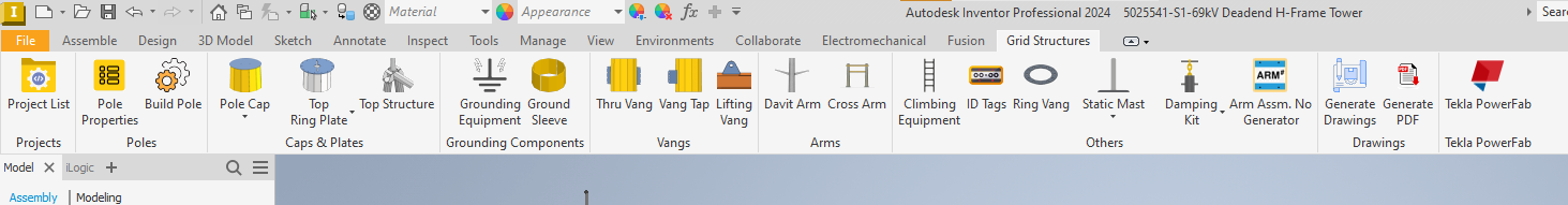 Custom Autodesk Inventor ribbon toolbar for transmission pole automation showing buttons for Pole, Vangs, Arms, Grounding, Drawings, and Tekla PowerFab export
