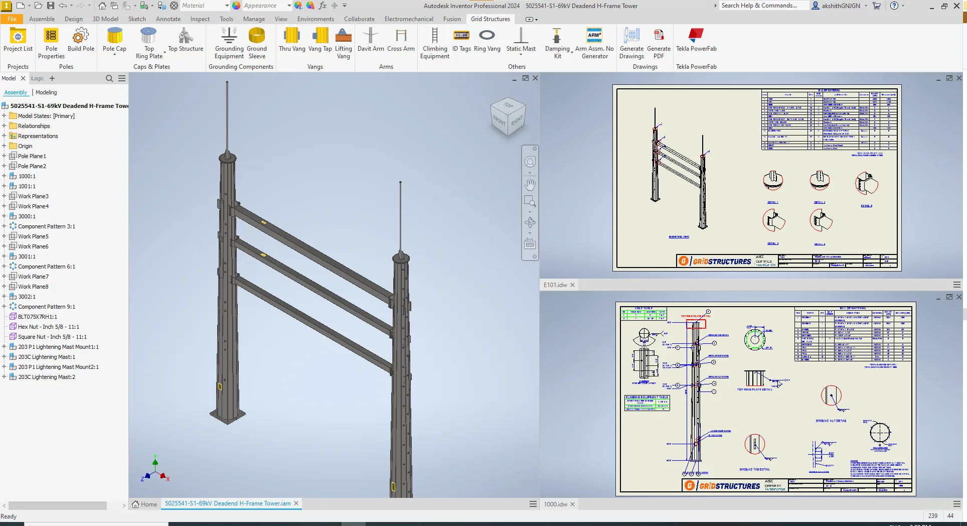 Automated Inventor 3D model, 2D drawing, and BOM for a steel transmission pole