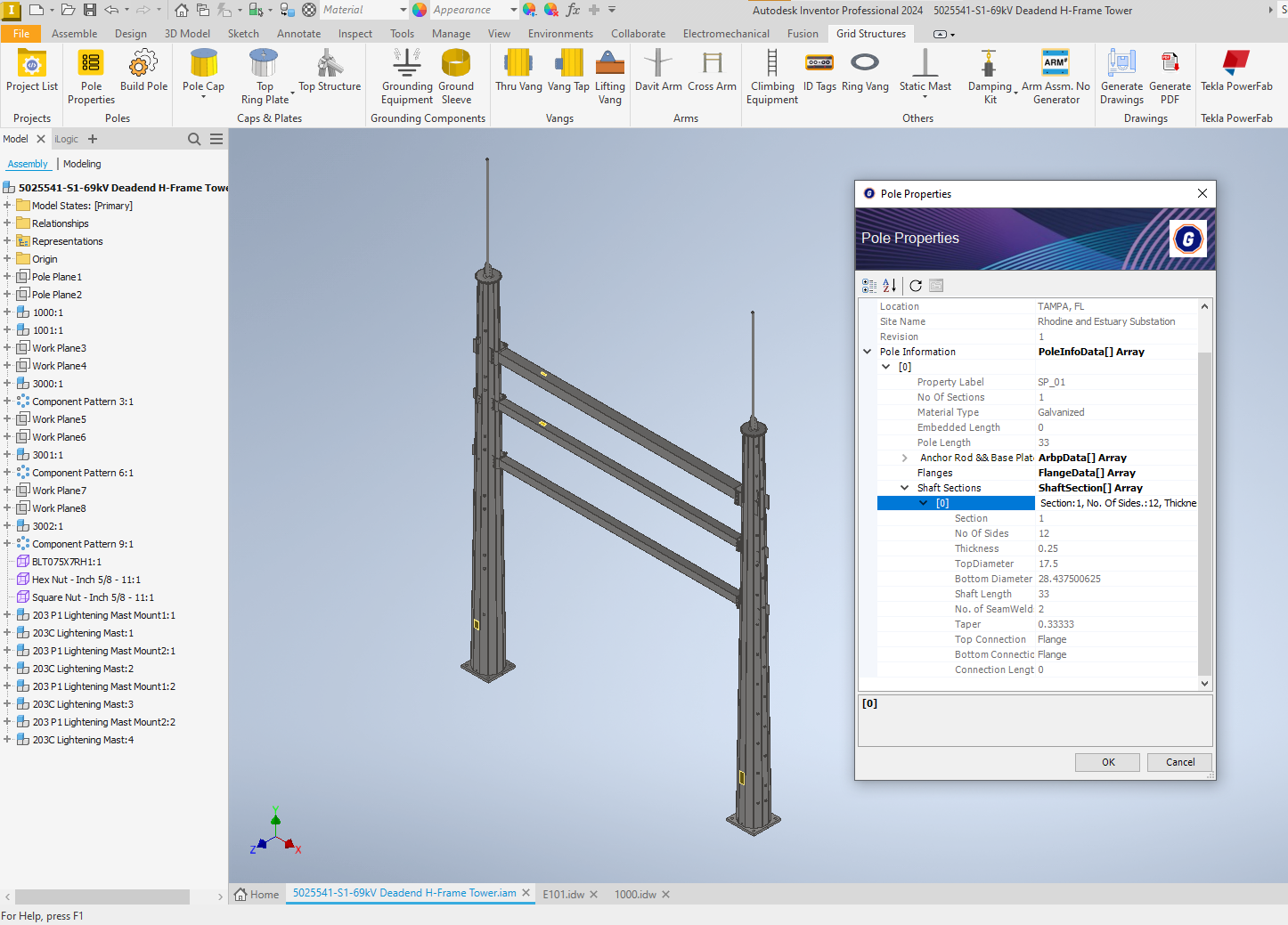 Pole Properties dialog in Autodesk Inventor showing shaft sections, flanges, and connection parameters imported from PLS-Pole XML