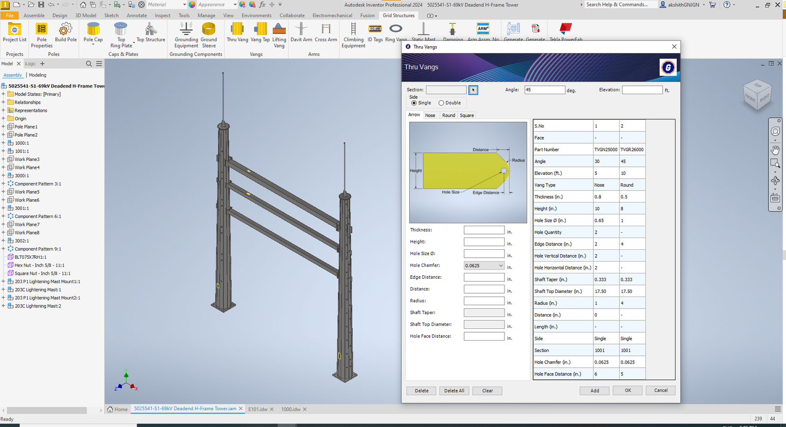 Vang configuration dialog in Autodesk Inventor with parametric inputs for height, width, thickness, and material