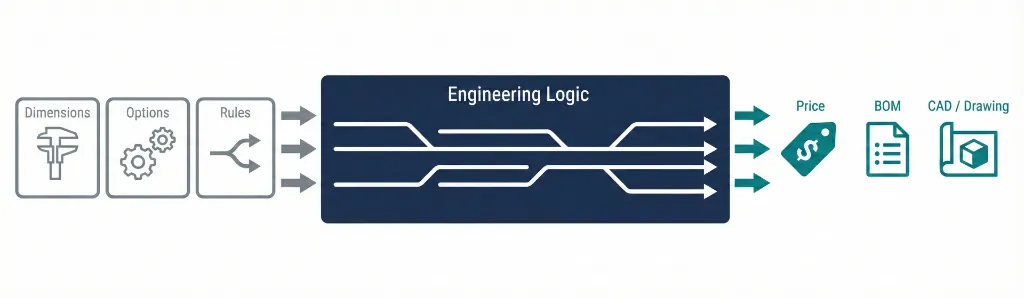 Product configurator flow: dimensions, options, and rules feed engineering logic, which outputs price, BOM, and CAD drawing