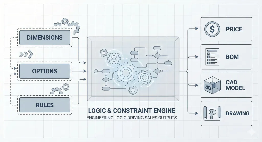 Engineering product configurator workflow from inputs to CAD and manufacturing outputs