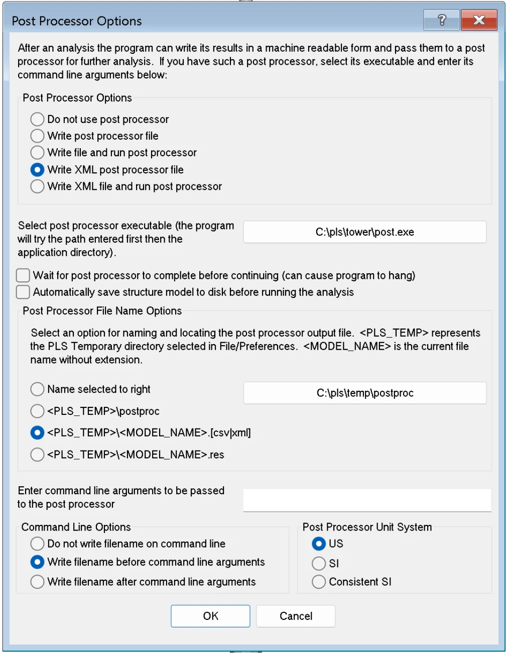 PLS-POLE Post Processor Options dialog with Write XML post processor file selected, the file name option PLS_TEMP MODEL_NAME csv or xml selected, and the US unit system selected