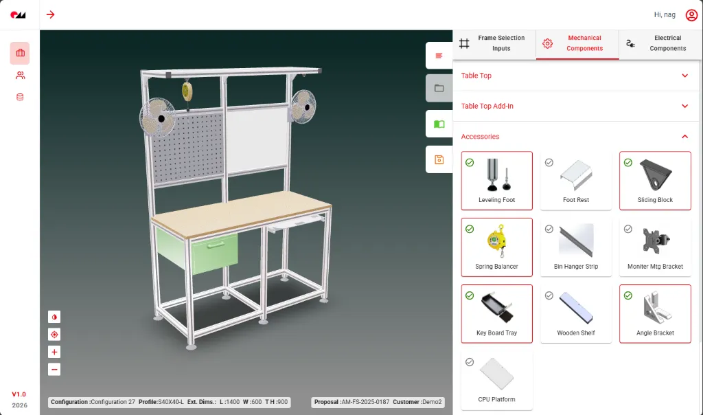 FDES Product Configurator — 3D workstation configurator interface showing real-time component selection and engineering outputs