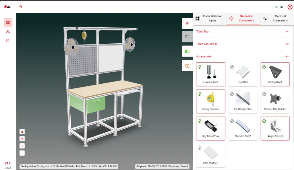 3D workstation configuration platform showing visual product assembly in the browser