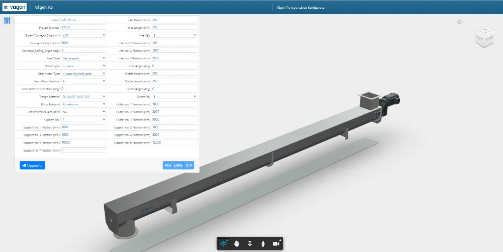 Web-based screw conveyor product configurator interface
